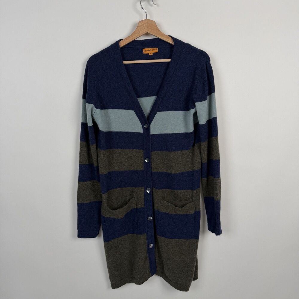 Roberta Freymann Cashmere Long Striped Cardigan Womens sz S Blue Olive Green